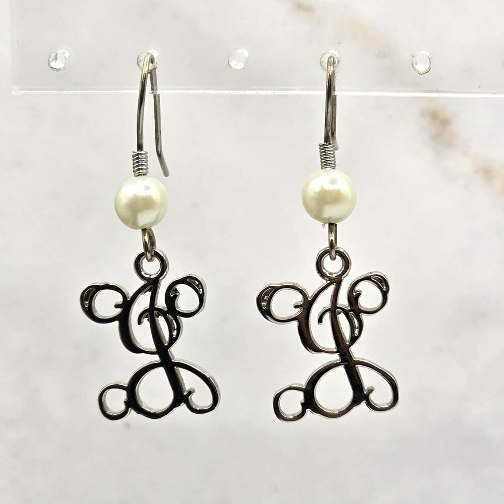Monogram Letter J Earrings Pierced Ornate Filigree Design Silver Tone Dangle